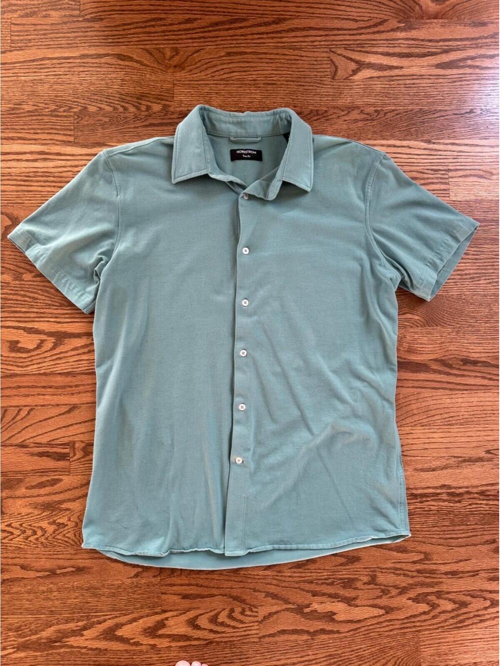 Nordstrom Trim Fit Solid Knit Short Sleeve Button-Up Shirt Green Mens Size Large